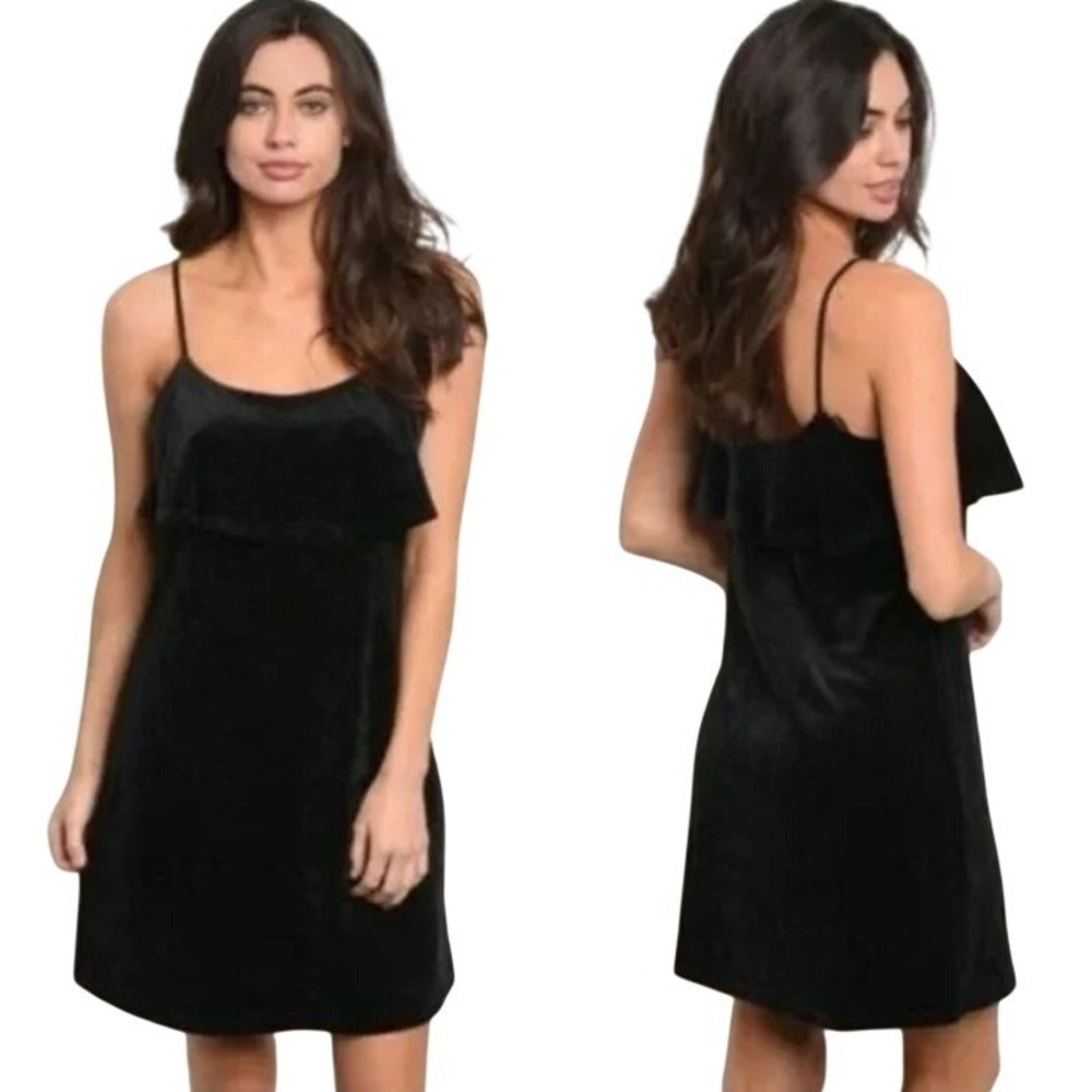 Le Lis Mini Dress Black Ribbed Velour Velvet Spaghetti Strap Bust Overlay Medium
